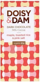 Doisy & Dam Organic Maple, Toasted Rice and Pink Salt 74% Dark Chocolate 80g x12